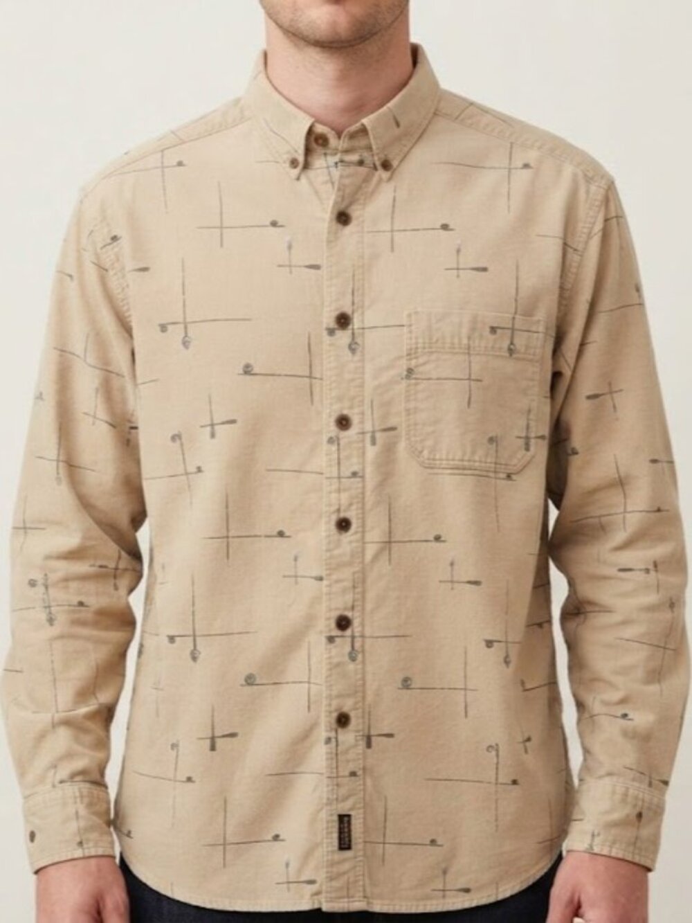 Woolrich Beige Padel & Fishing Rod Print Button-Up Long Sleeve Shirt